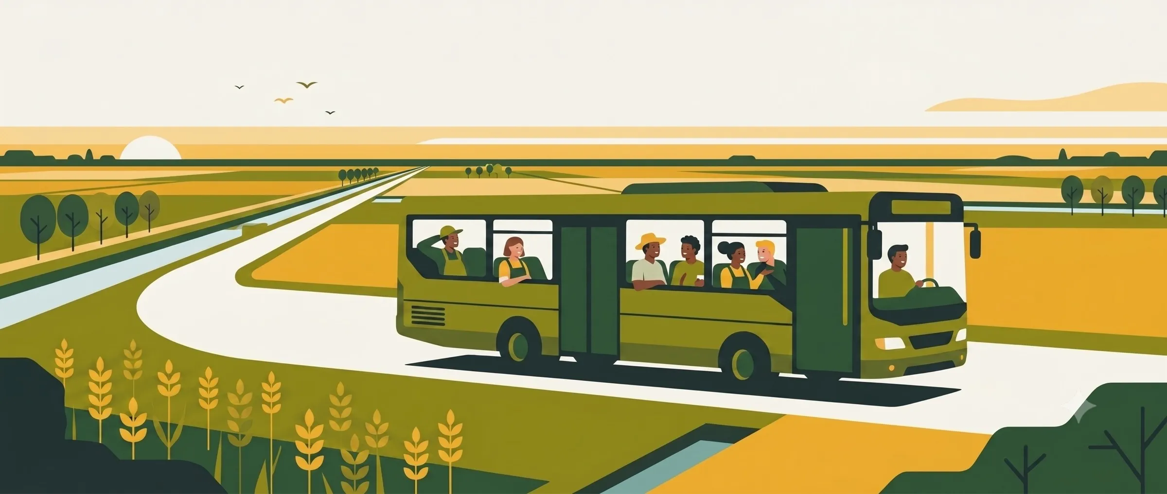 Illustrazione di un Agribus verde con a bordo lavoratori agricoli che attraversa le campagne ferraresi all'alba