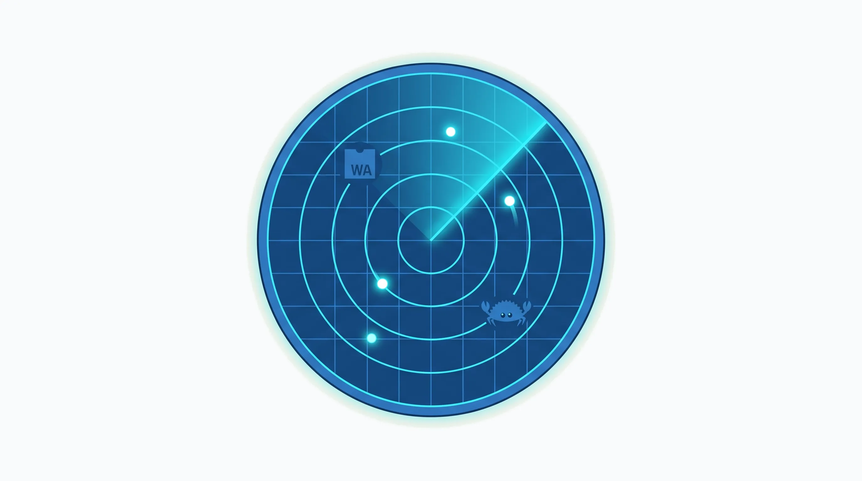 Illustrazione di uno scope radar circolare in blu e cyan su sfondo avorio, con fascio di scansione luminoso, anelli concentrici e griglia, alcuni target luminosi, un badge WebAssembly 'WA' e un piccolo granchio Rust tra gli anelli