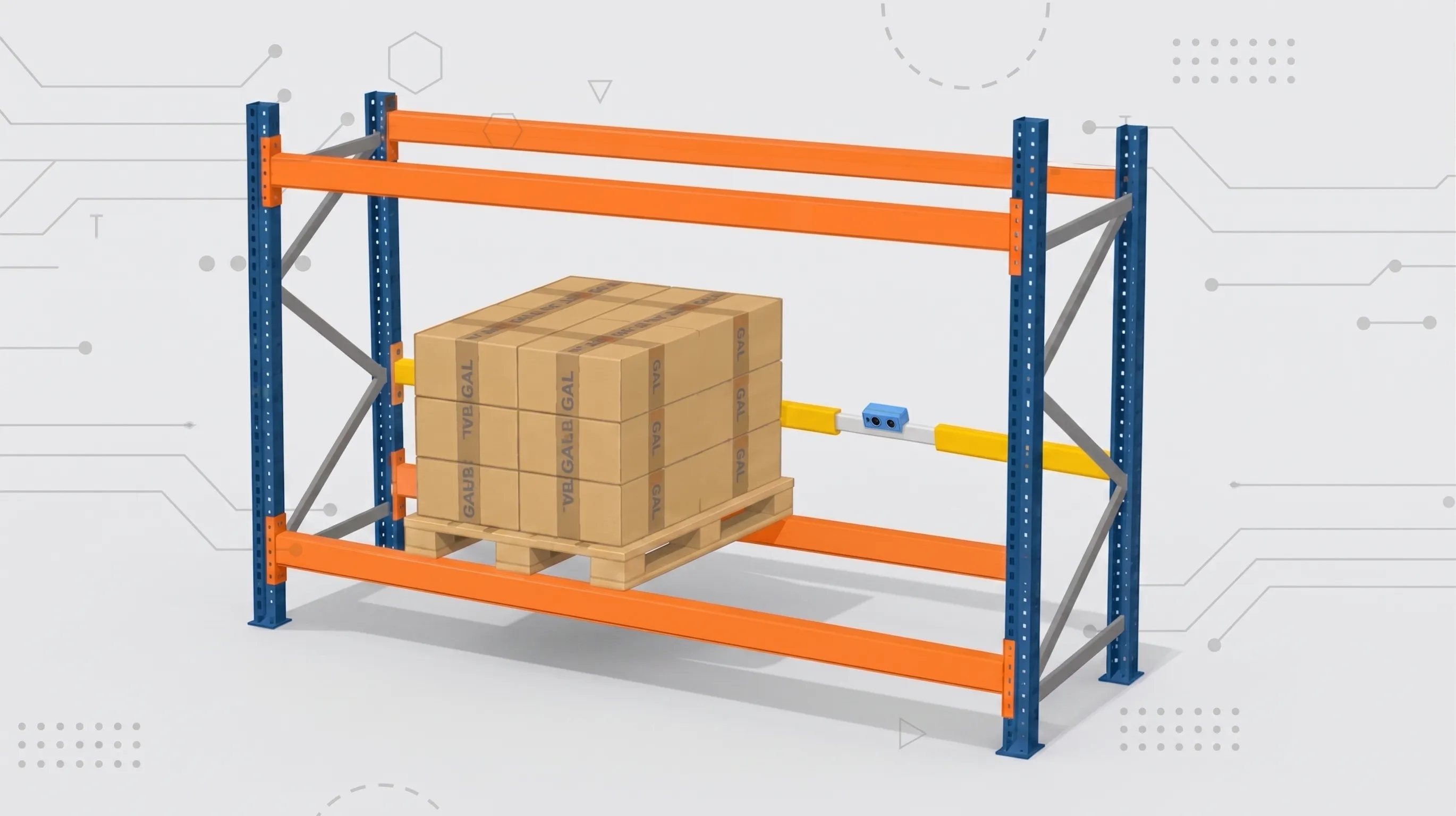 Illustrazione 3D di una scaffalatura industriale con montanti blu e travi arancioni: sulla trave che regge un pallet di scatole è montato il dispositivo VigilHub, un bumper giallo con sensore, su sfondo grigio con motivi a circuito